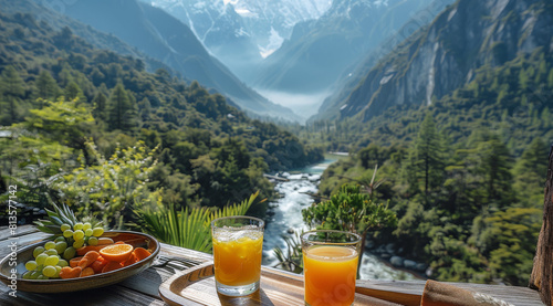 Breakfast with orange juice on the table overlooking mountains in a narrow valley, a green forest around, a river flowing through it, from the balcony of a rustic wooden house. Generative AI.