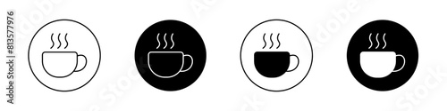 Hot coffee Mug icon set. hot tea vector symbol. cafe espresso morning drink sign in black filled and outlined style.