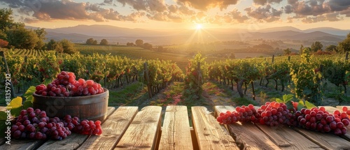 On the ground, a table with wine and fruit overlooks a vineyard