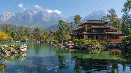 Tranquil Scene at Black Dragon Pool with Traditional Chinese Architecture and Majestic Mountains