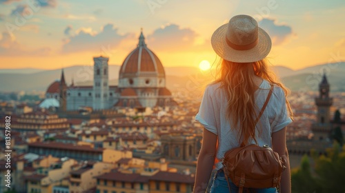 Woman Enjoying Sunset Overlooking Florence Skyline, Capture of Italian Summer Travel