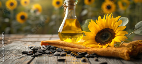 Sunflower oil and sunflowers on a wooden table