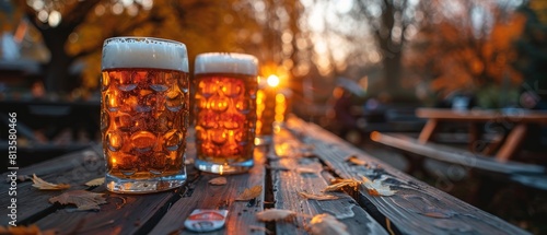 In a jovial beer garden, long wooden tables and steins of beer were clinking together