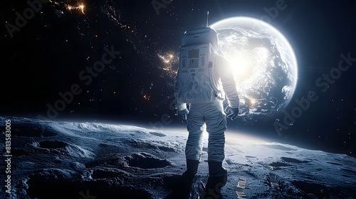 Astronaut standing on the moon, gazing at planet Earth in space with stars and galaxy visible in the background.