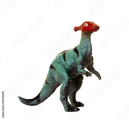 Parasaurolophus dinosaur toy, herbivorous reptile from the jurassic and cretaceous eras.