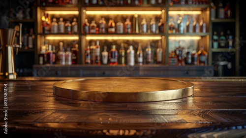 Art Deco Brass Podium, front view focus, with a Retro Cocktail Bar Background, ideal for luxury liquor product displays
