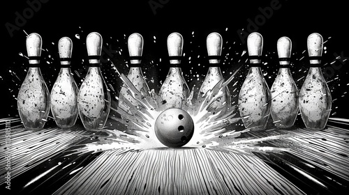 A set of bowling pins with a single bowling ball, ideal for leisure and sport-themed designs sketch engraving generative AI modern illustration. Scratch board imitation.