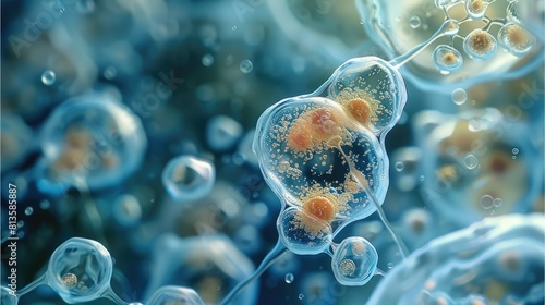 Organic microscopic bubble form, micro universal bubbles amoeba, single cell organism. Generative AI.