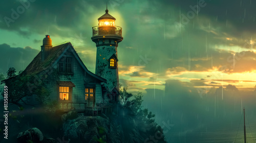 Enchanted lighthouse in rainy twilight