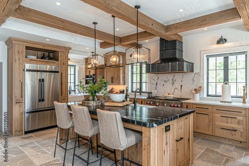 A kitchen with a black granite countertop and wooden cabinets