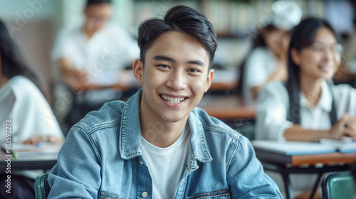 Smiling student sitting in class. Education at school and university. Asian male student in the audience. Process of learning and education. Teenager in class