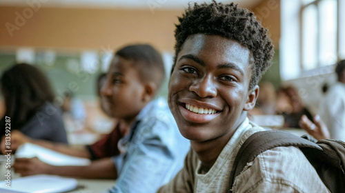 Smiling student sitting in class. Education at school and university. Black male student in the audience. Process of learning and education. Teenager in class