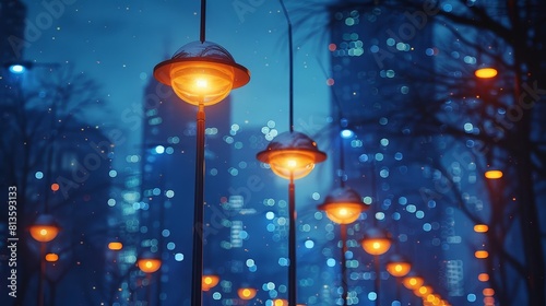 Portray a network of smart streetlights in a city that adjust brightness based on pedestrian and traffic patterns