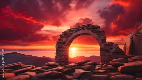 crimson over top of a stunning sunset picture with a stone arch, wellbeing, and positive vibes
