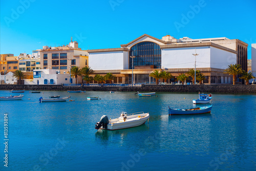 Fishing boats on the lagoon of Arrecife in Lanzarote, Canary Islands. Coastal town on Canary Islands
