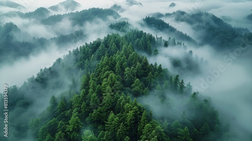 Mountain forest, mostly clouds and fog. Aerial high view. Generative AI.