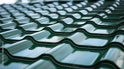 Close-Up view of green ceramic roof tiles on residential