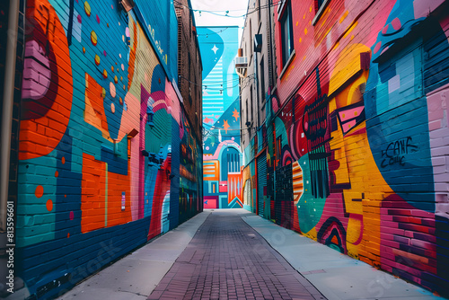 A vibrant street art mural in an urban alley, full of bright colors and bold designs, reflecting contemporary urban culture
