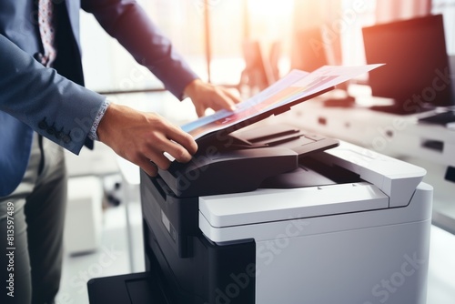 Businessman using a copy machine in the office, close-up