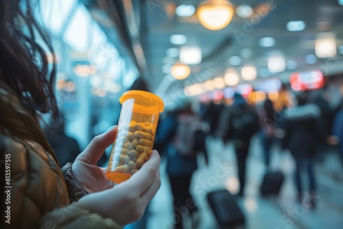 At a crowded terminal gate, a travelers hands cradle immune booster and antinausea medication to prep for a long flight
