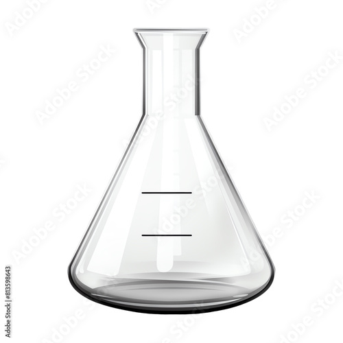 Image shows a wide-mouth graduated conical flask, three-quarter full with a clear liquid.