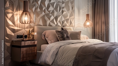 A bedroom with a modern, geometric headboard, a stylish bedside table, and a chic, pendant light