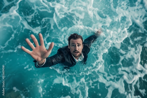 In business suit drowning in water and reaching his hands up for rescue, businessman drowning, concept of business failure