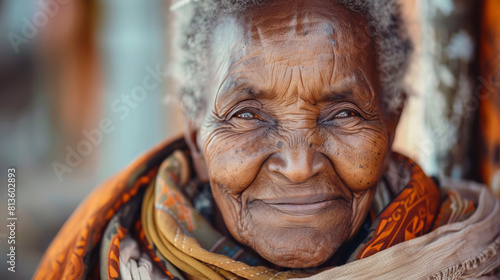 An African old woman with a warm smile, her face shows the path of life, passed with wisdom and patience.
