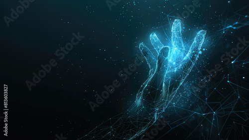 Digital hand hologram on dark background Neural network connection concept