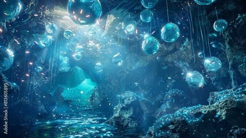 A mesmerizing scene within an underwater cave, adorned with floating luminous orbs and streaming light beams, creates a magical ambiance.