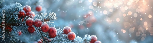A close-up of fir branches dusted with snow, adorned with shiny red balls, set against a blurred snowy background, ample space on the right for text.