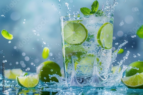 A dramatic image of a mojito cocktail splashing from a highball glass, with lime wheels and mint leaves floating, set against an azure background