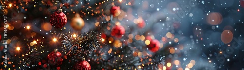 A close-up top view of a Christmas tree adorned with red and gold garland lights, focus on the lights' reflection on the snow, providing a wide, panoramic space for text.