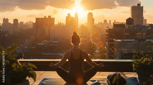Young woman practicing yoga on a rooftop in the city. She is wearing a black sports bra and black leggings.