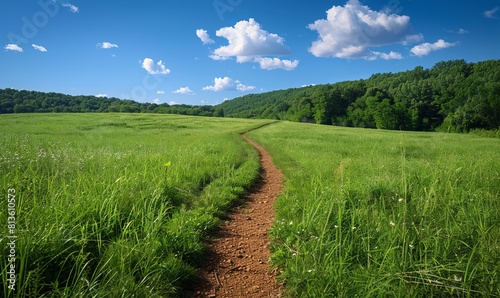 A narrow dirt trail leads through a grassy green field with blue skies and woods in the distance