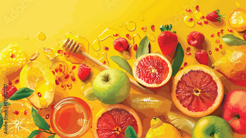 Composition with ripe fruits and honey on yellow background