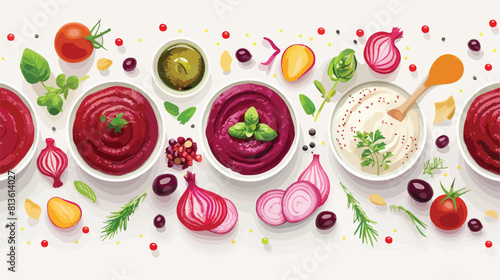 Composition with tasty beet hummus snacks and sauces