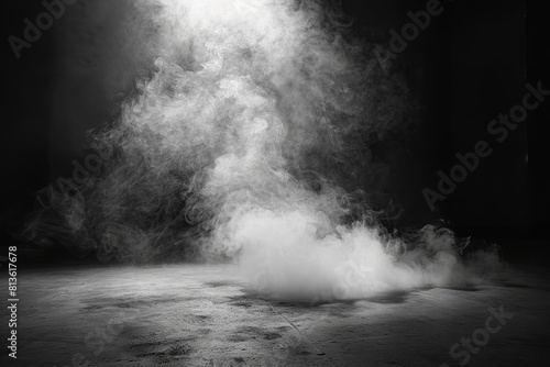 Concrete flooring and light-colored smoke against darkness. Generative Ai