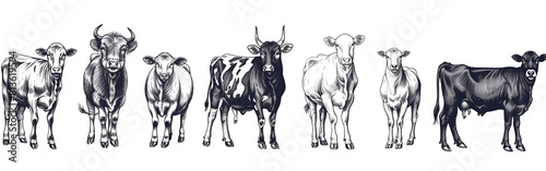 Cow and bull icons lined simple isolated for dairy and beef farming and veterinary on white background