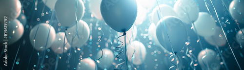Balloons and streamers at a surprise birthday party, front view, Joyful surprise, cybernetic tone, Monochromatic Color Scheme