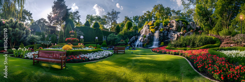 Twilight Enchantment: An Exquisite Garden by the Waterfall under the Evening Sky