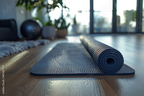 Closeup of a yoga mat on a floor