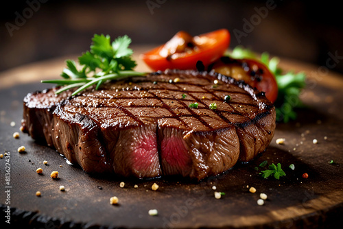 beef steak grilled in the background is a chef grilling meat closed up