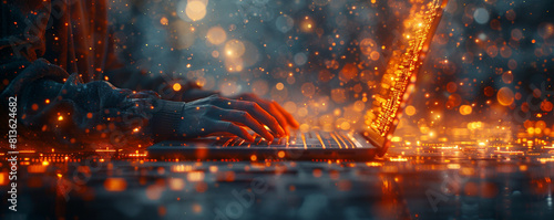person using laptop that will be able to connect to smart devices in the style of abstracted cityscapes dark silver and light orange blurred forms mathematical structures iso 200 video montages yuumei