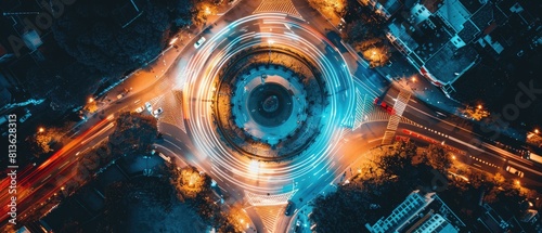 Dynamic aerial shot of a roundabout with flowing traffic at dusk