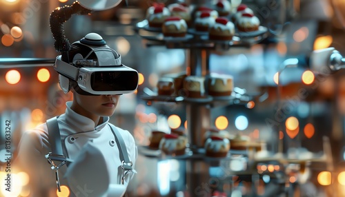 a close-up shot of a chef using a virtual reality headset to design avant-garde desserts Highlight the contrast between the virtual world and the physical kitchen