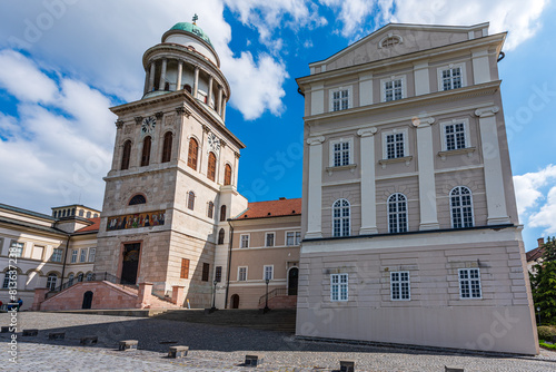 The basilica front facade of the UNESCO world heritage site Benedictine monastery Pannonhalma Archabbey in Hungary.