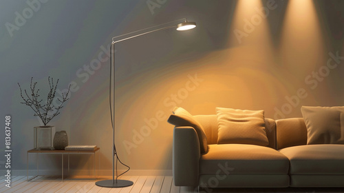 A sleek and modern floor lamp with a slim profile and adjustable arm, casting a soft glow over a contemporary living room