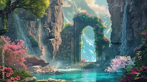 A beautiful landscape with a waterfall and a stone archway. The archway is surrounded by trees and flowers. There is a pool of water in front of the archway.