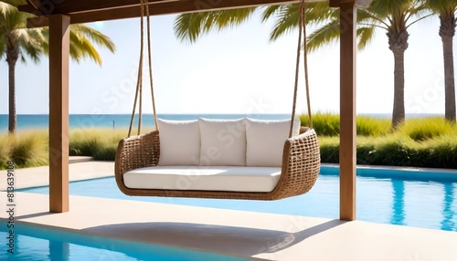 A wicker swing positioned alongside a pool, offering a spot for relaxation and enjoyment of the outdoor setting